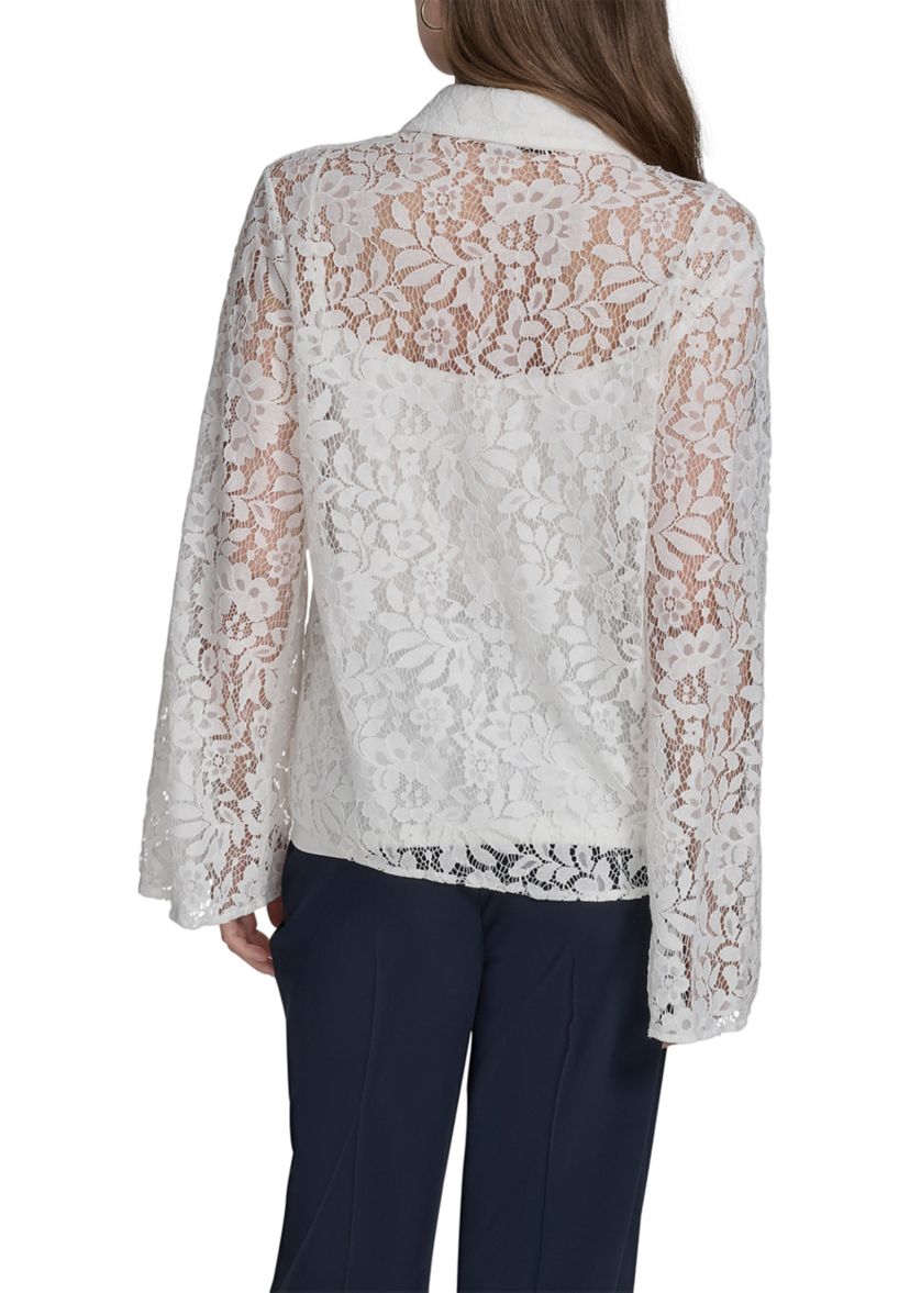 Womens Long Sleeve Flare Button Front Lace Blouse 