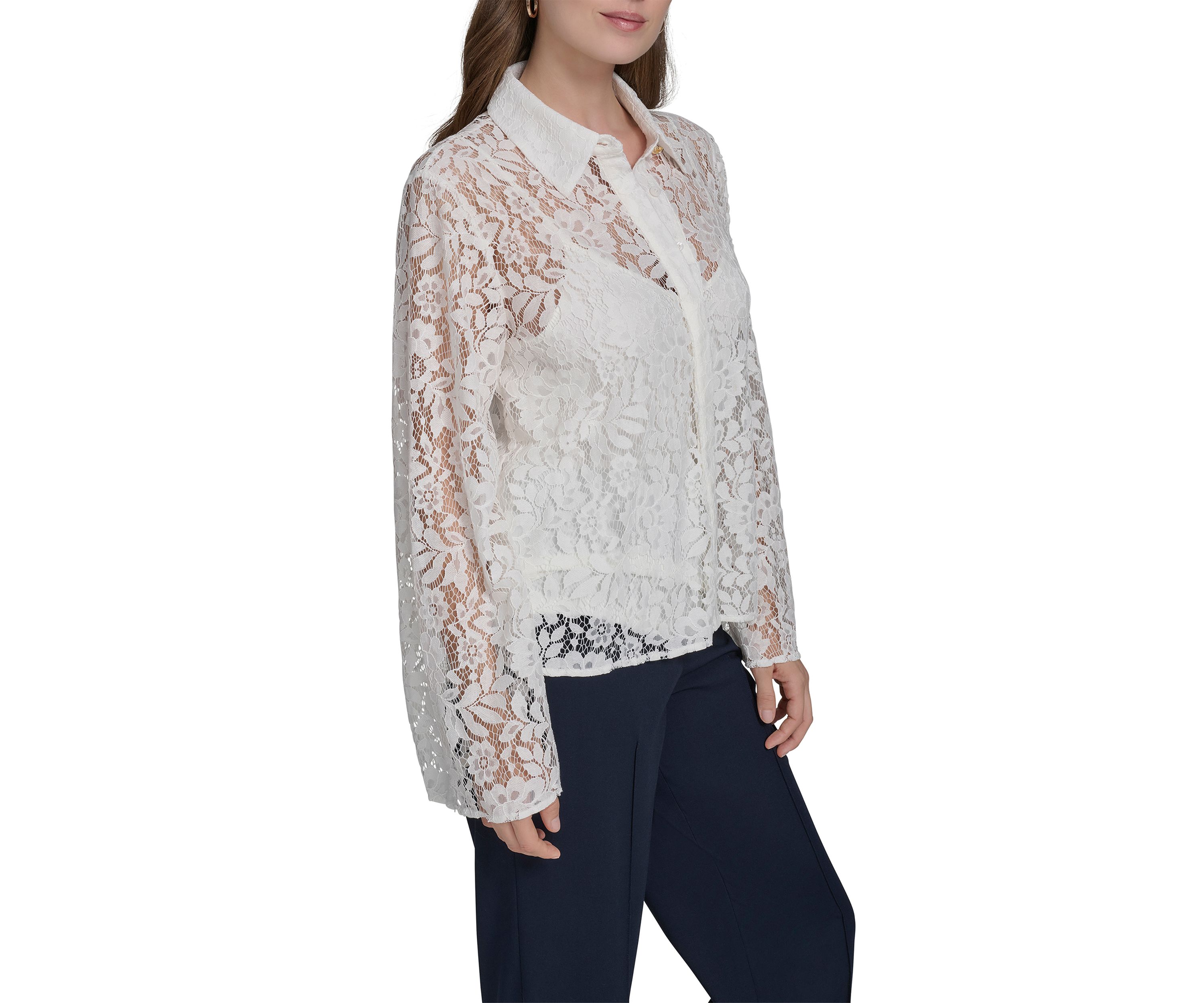 Womens Long Sleeve Flare Button Front Lace Blouse 
