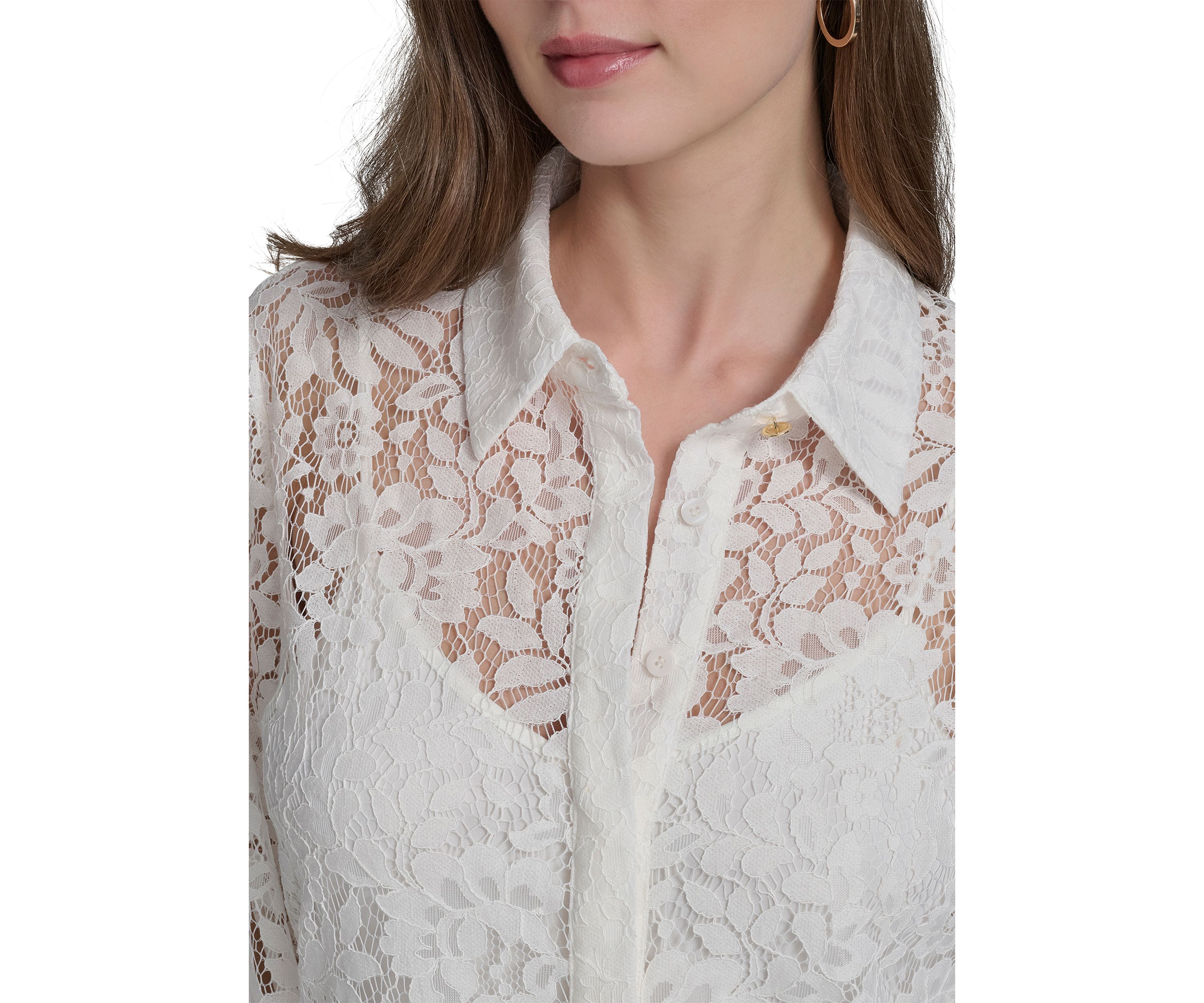 Womens Long Sleeve Flare Button Front Lace Blouse 