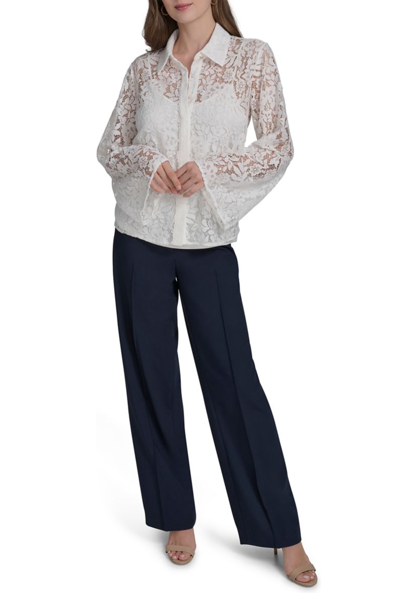 Womens Long Sleeve Flare Button Front Lace Blouse 