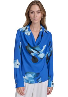 Halston Women's Long Sleeve Cowl Neck Floral Blouse, XS