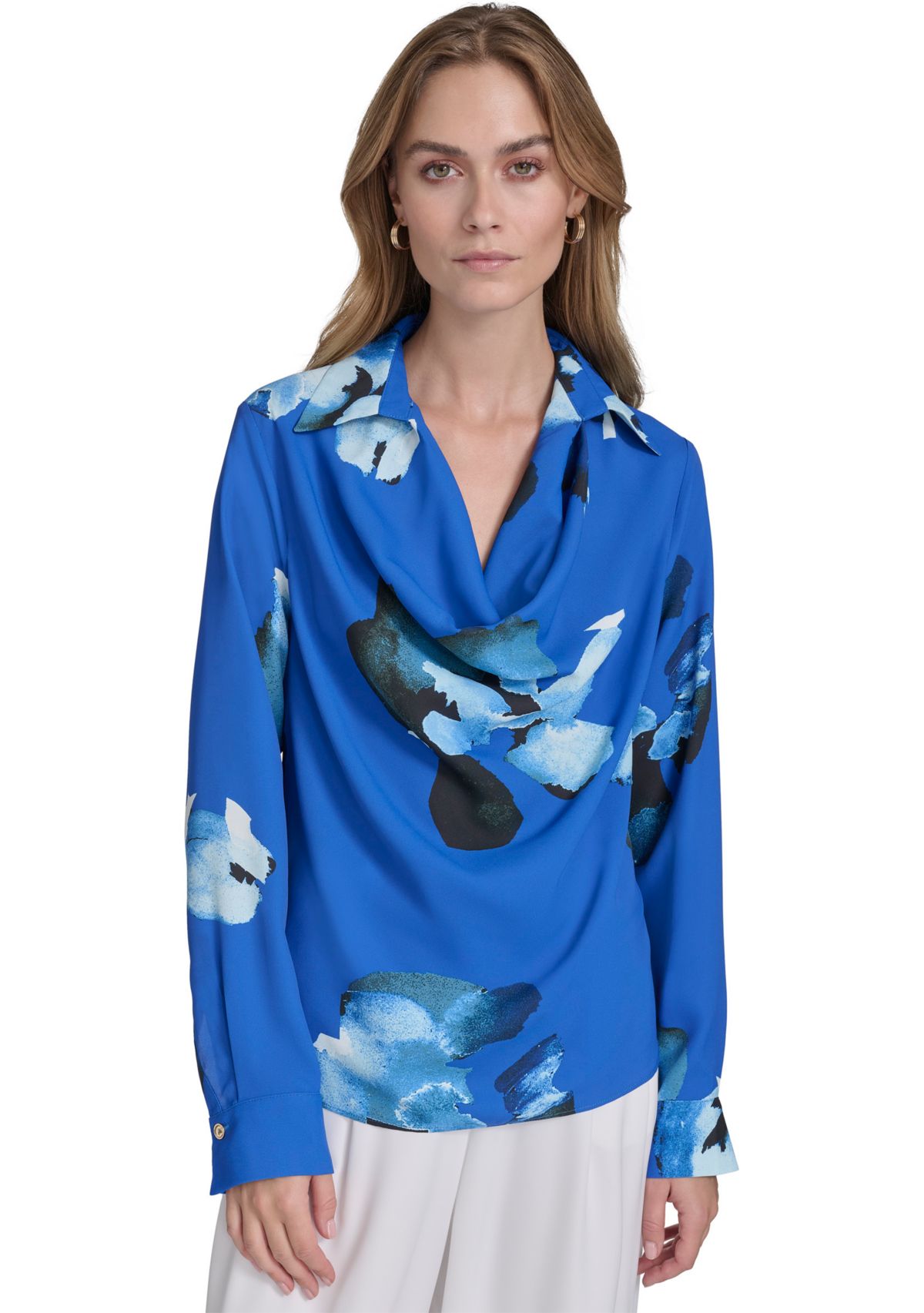 Womens Long Sleeve Cowl Neck Floral Blouse