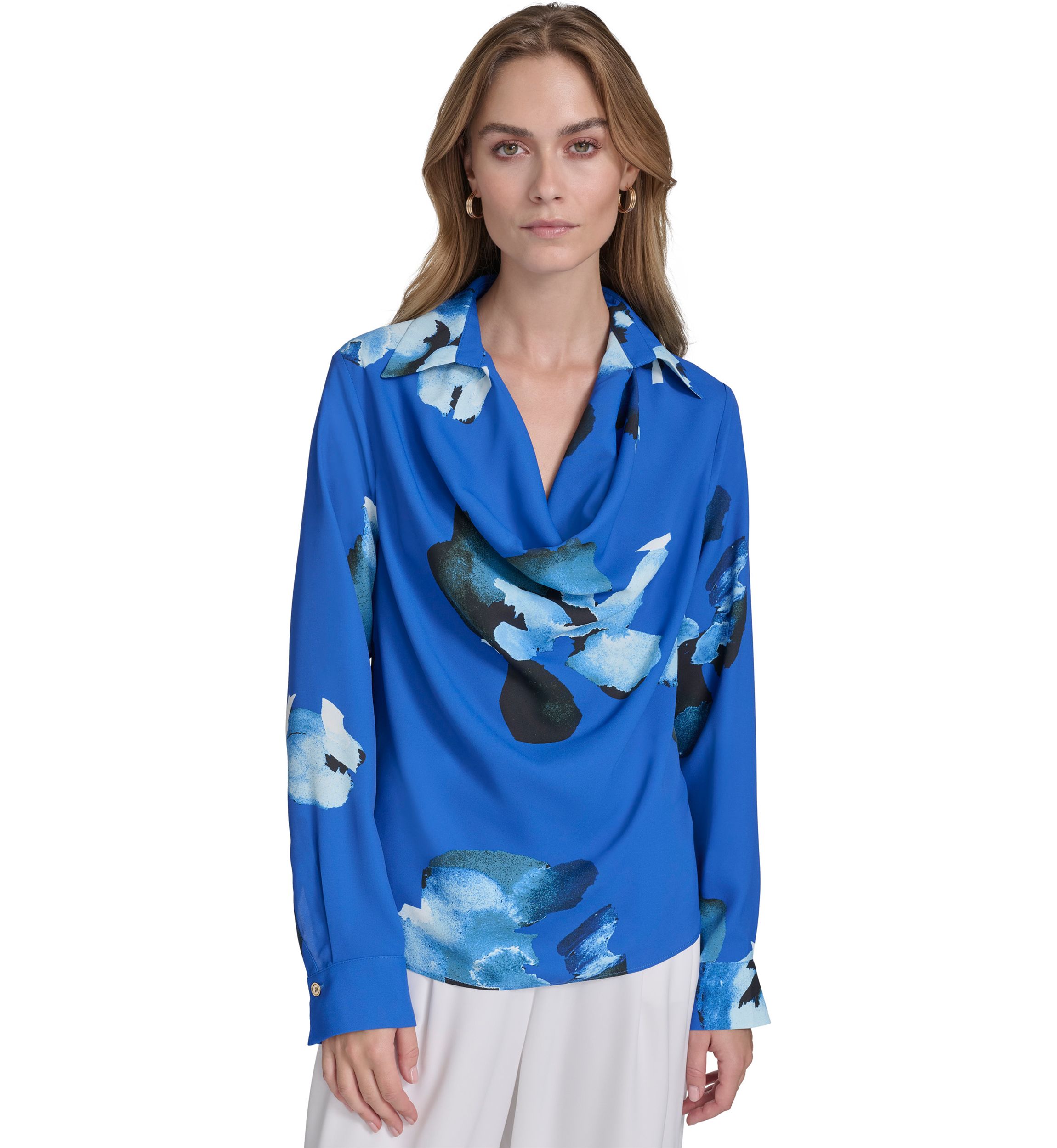 Womens Long Sleeve Cowl Neck Floral Blouse