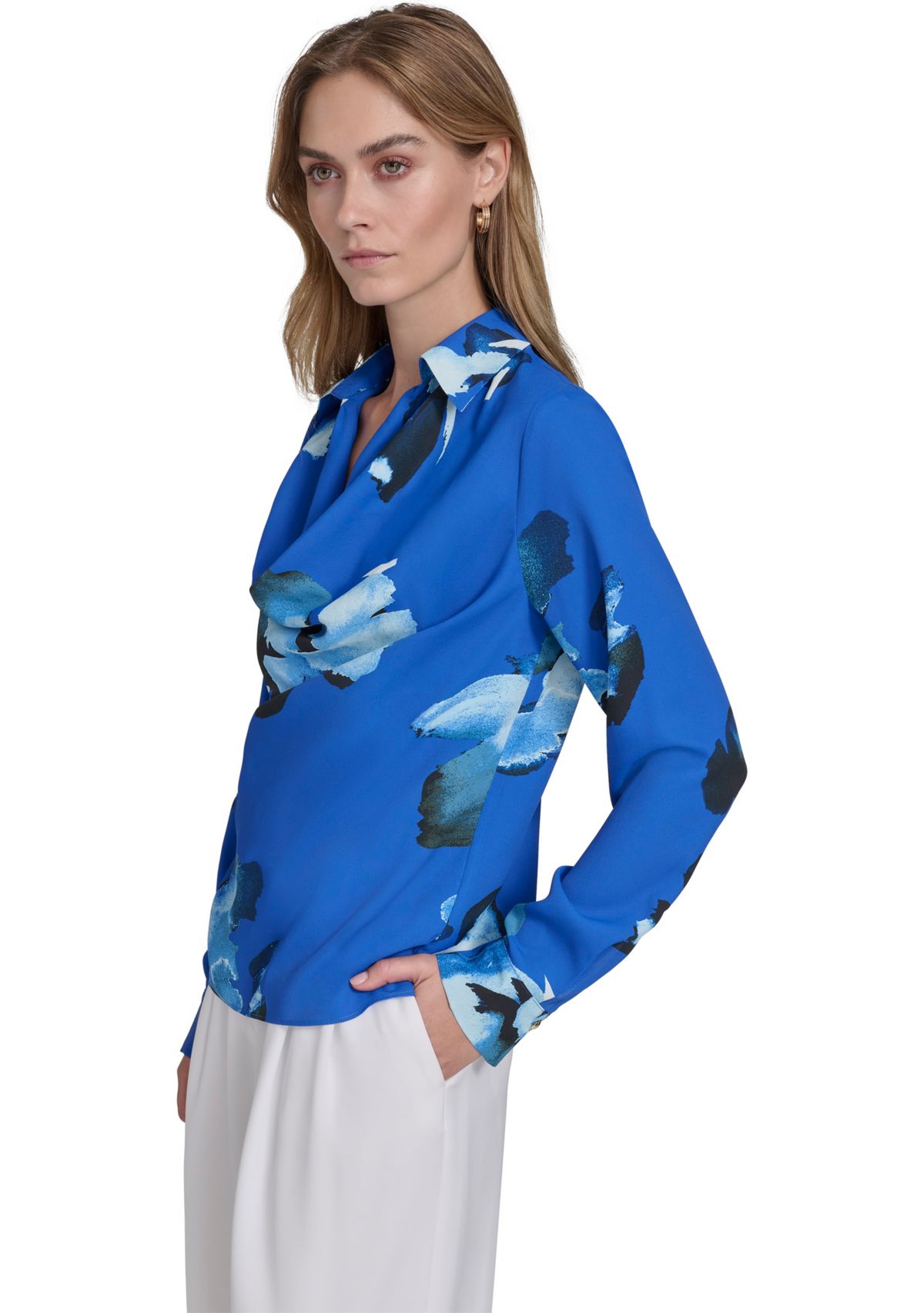 Womens Long Sleeve Cowl Neck Floral Blouse