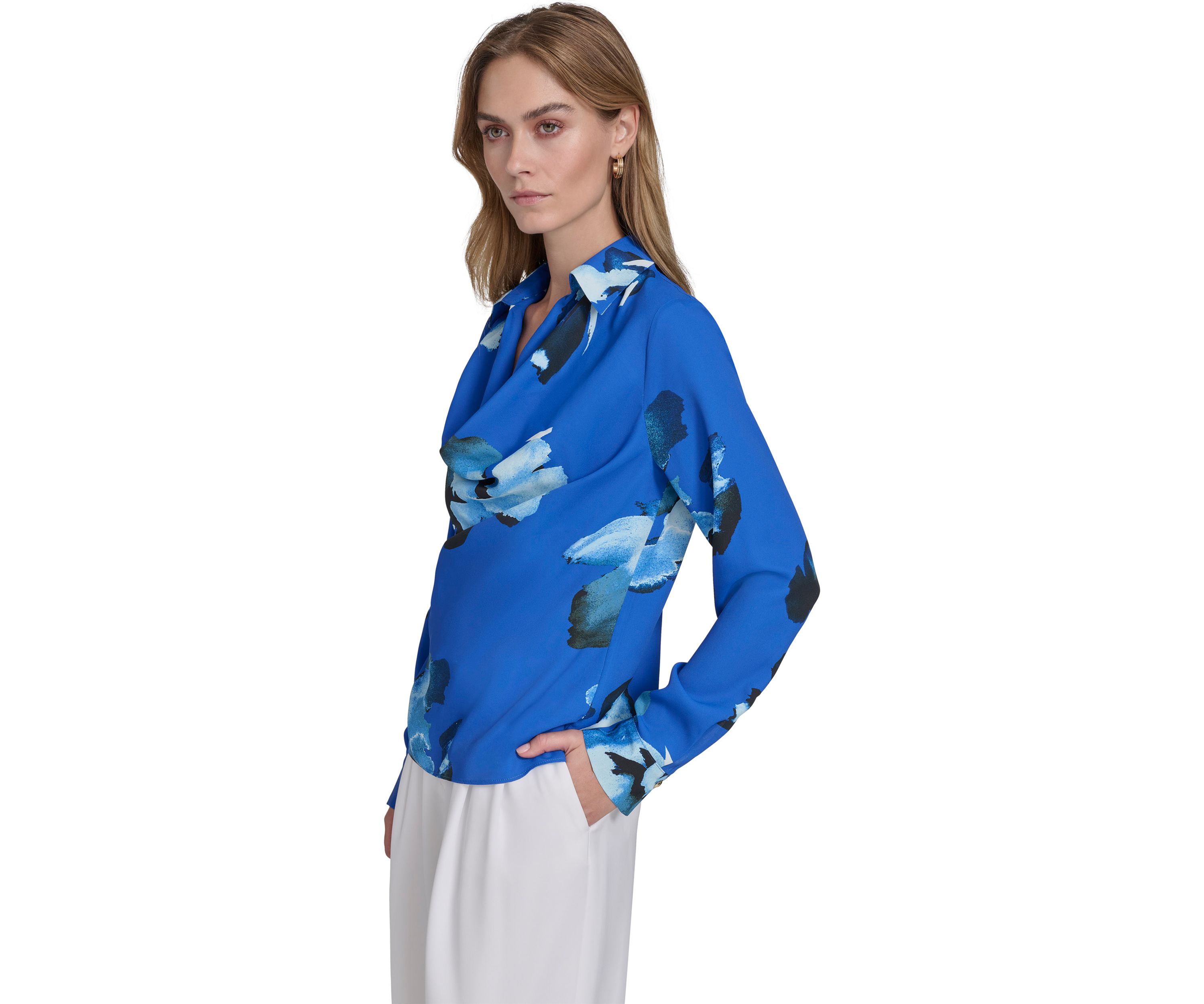 Womens Long Sleeve Cowl Neck Floral Blouse
