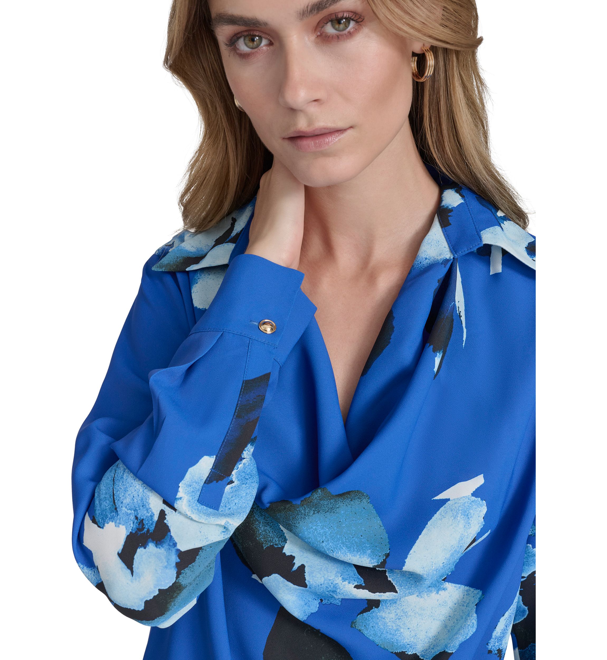 Womens Long Sleeve Cowl Neck Floral Blouse