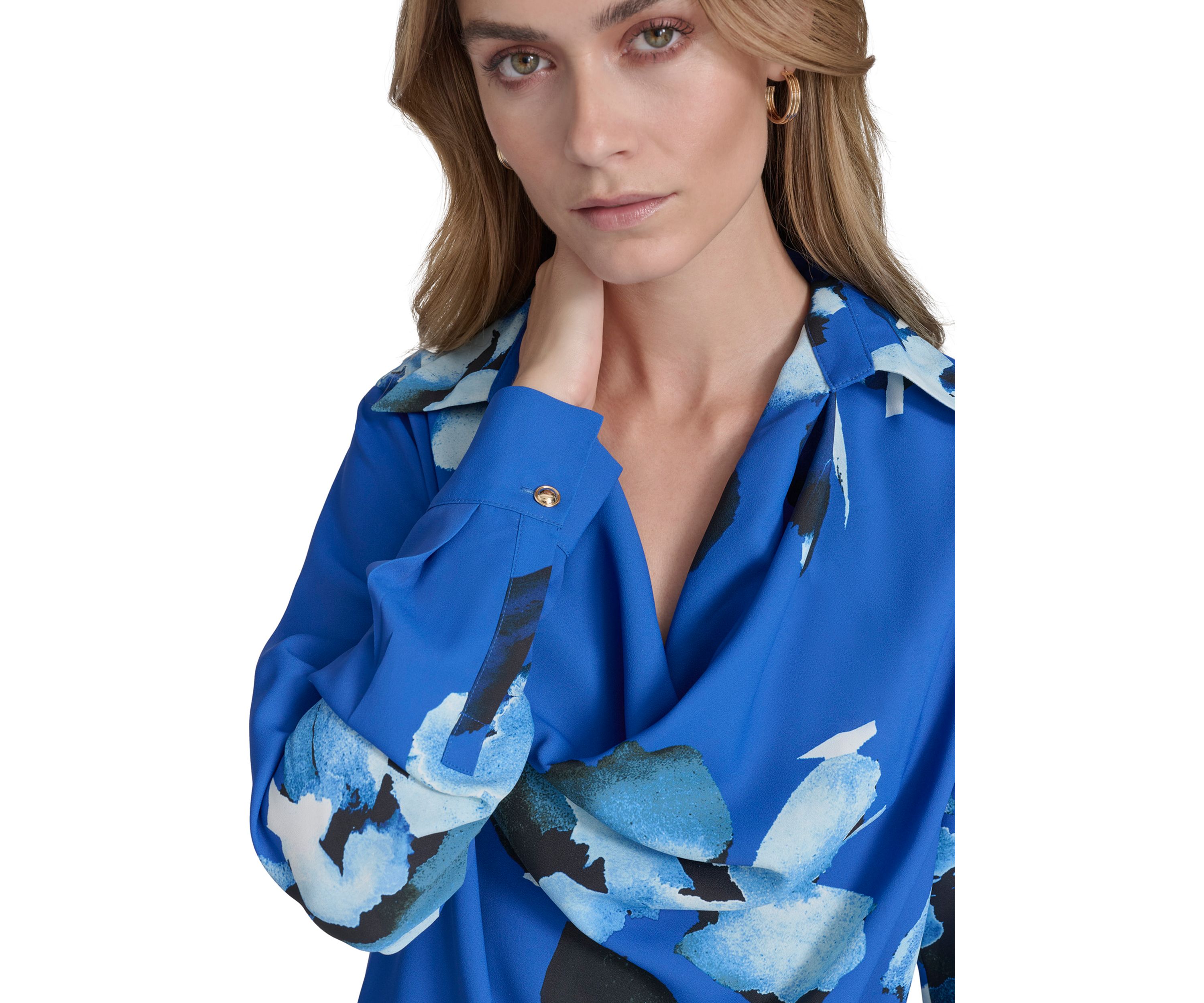 Womens Long Sleeve Cowl Neck Floral Blouse