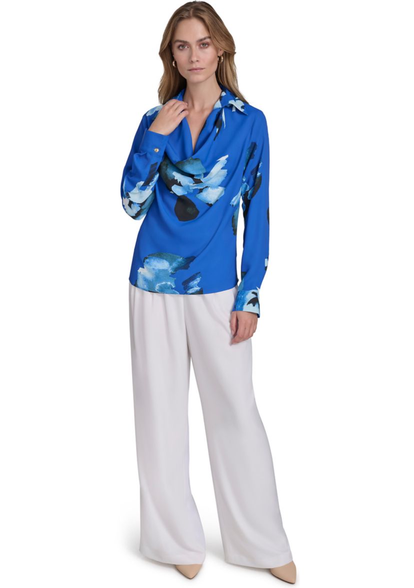 Womens Long Sleeve Cowl Neck Floral Blouse