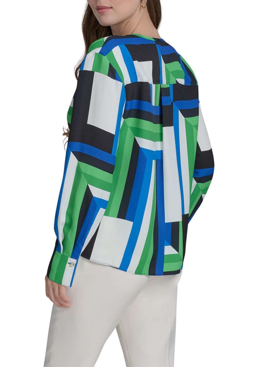 Womens Long Sleeve Geometric Print Blouse