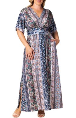 KIYONNA Women's Plus Size Vienna Kimono Sleeve Long Maxi Dress, Navy Blue, 5X