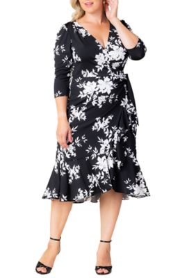 KIYONNA Women's Plus Size Flirty Flounce Midi Wrap Dress with 3/4 Sleeves, Black, 5X