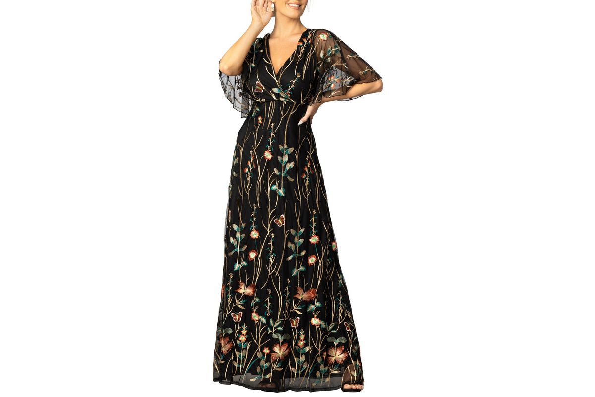Womens Embroidered Elegance Evening Gown with Sleeves
