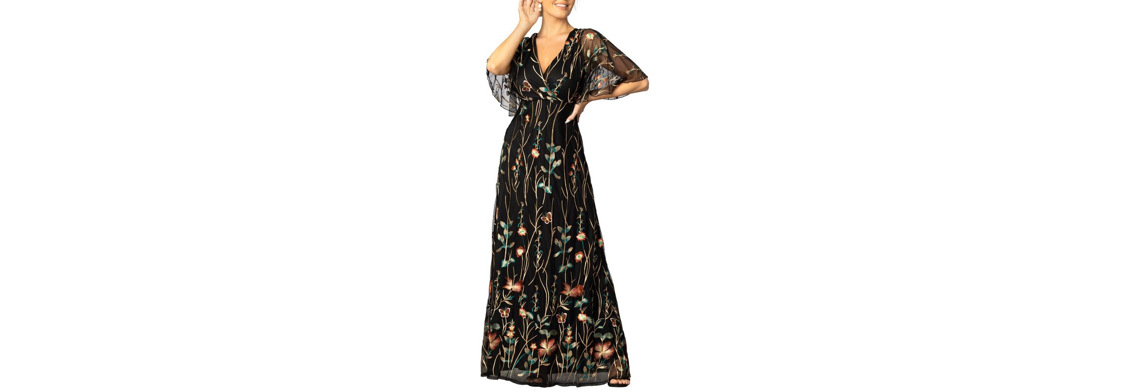 Womens Embroidered Elegance Evening Gown with Sleeves