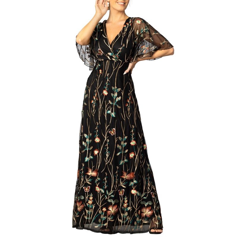 Womens Embroidered Elegance Evening Gown with Sleeves