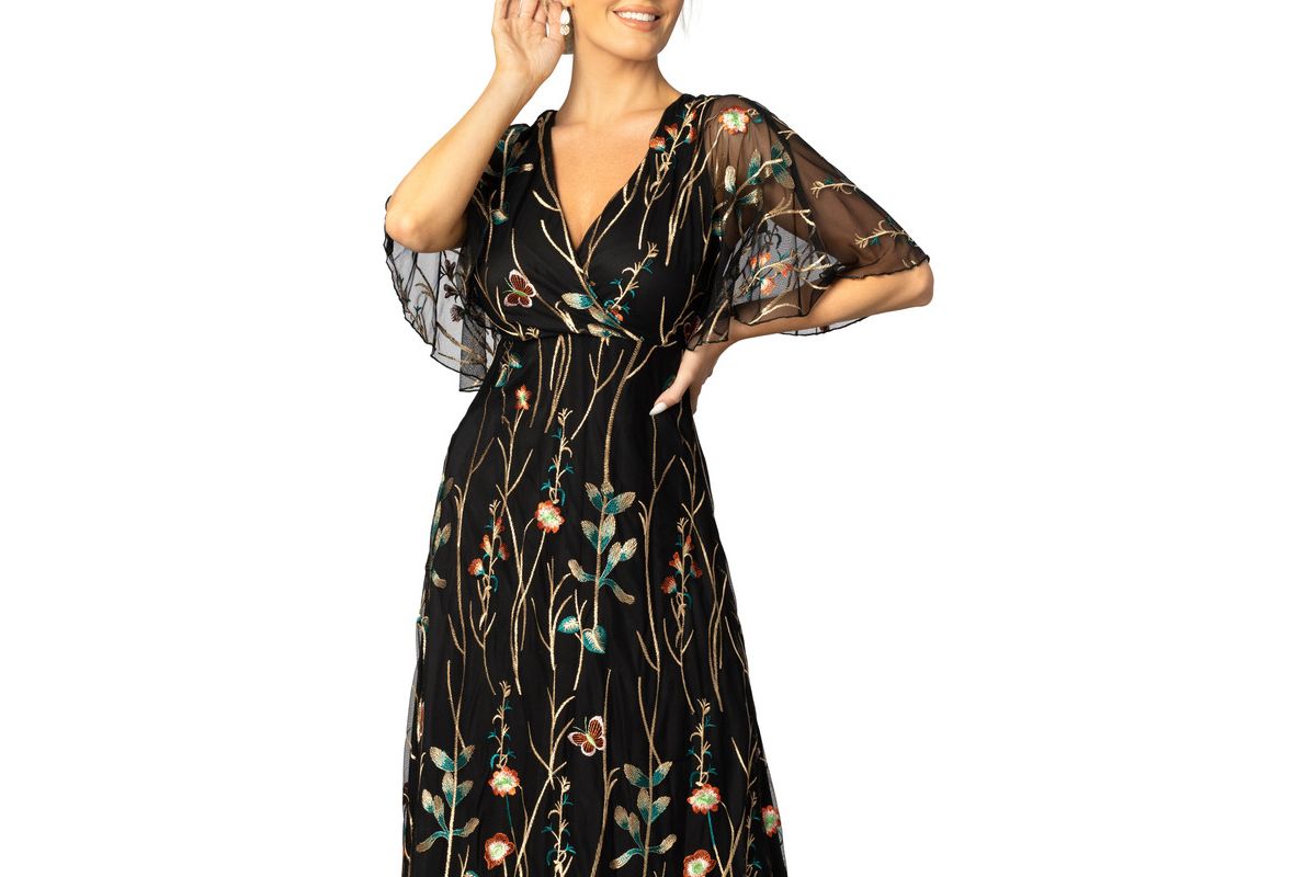 Womens Embroidered Elegance Evening Gown with Sleeves