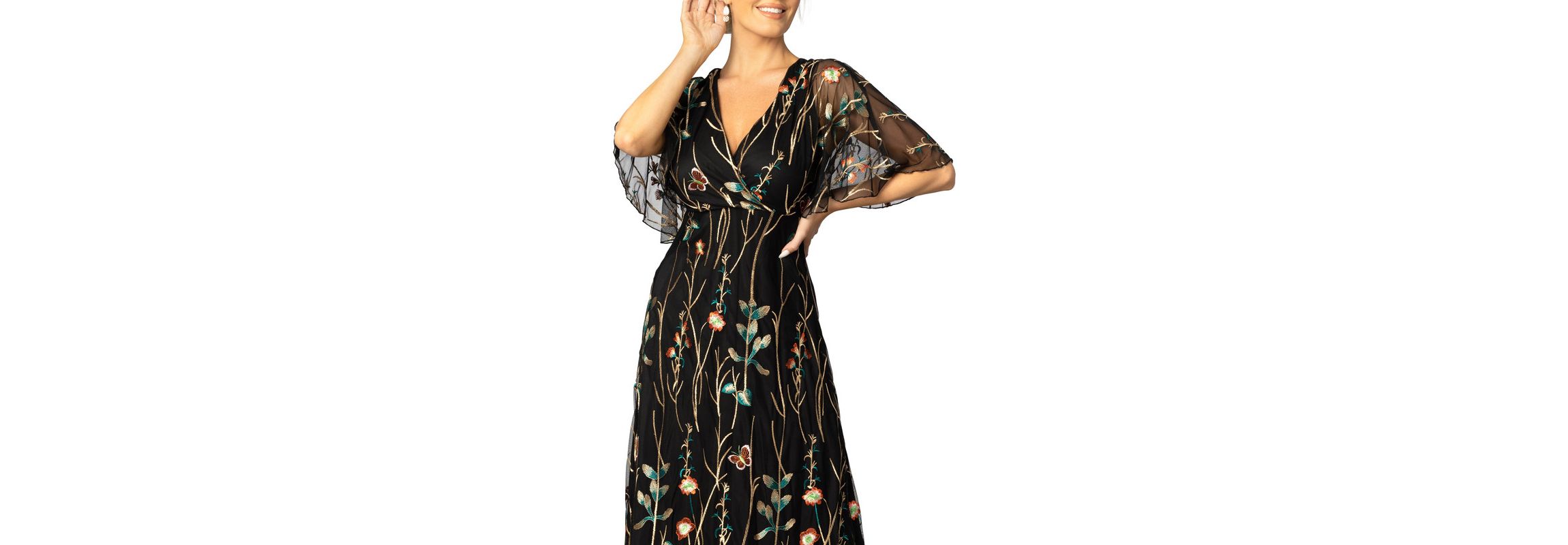 Womens Embroidered Elegance Evening Gown with Sleeves