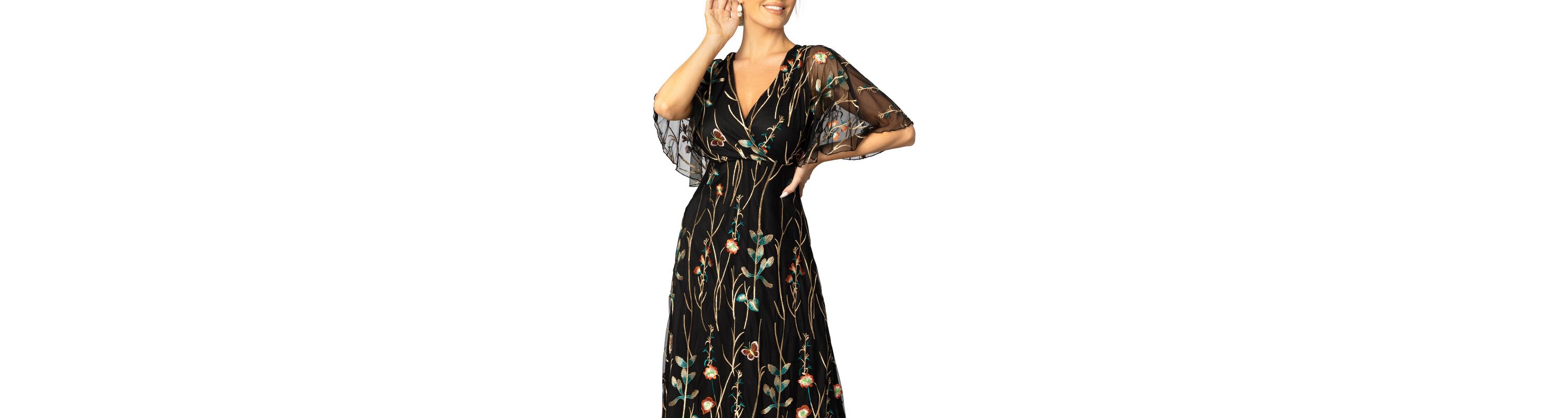 Womens Embroidered Elegance Evening Gown with Sleeves
