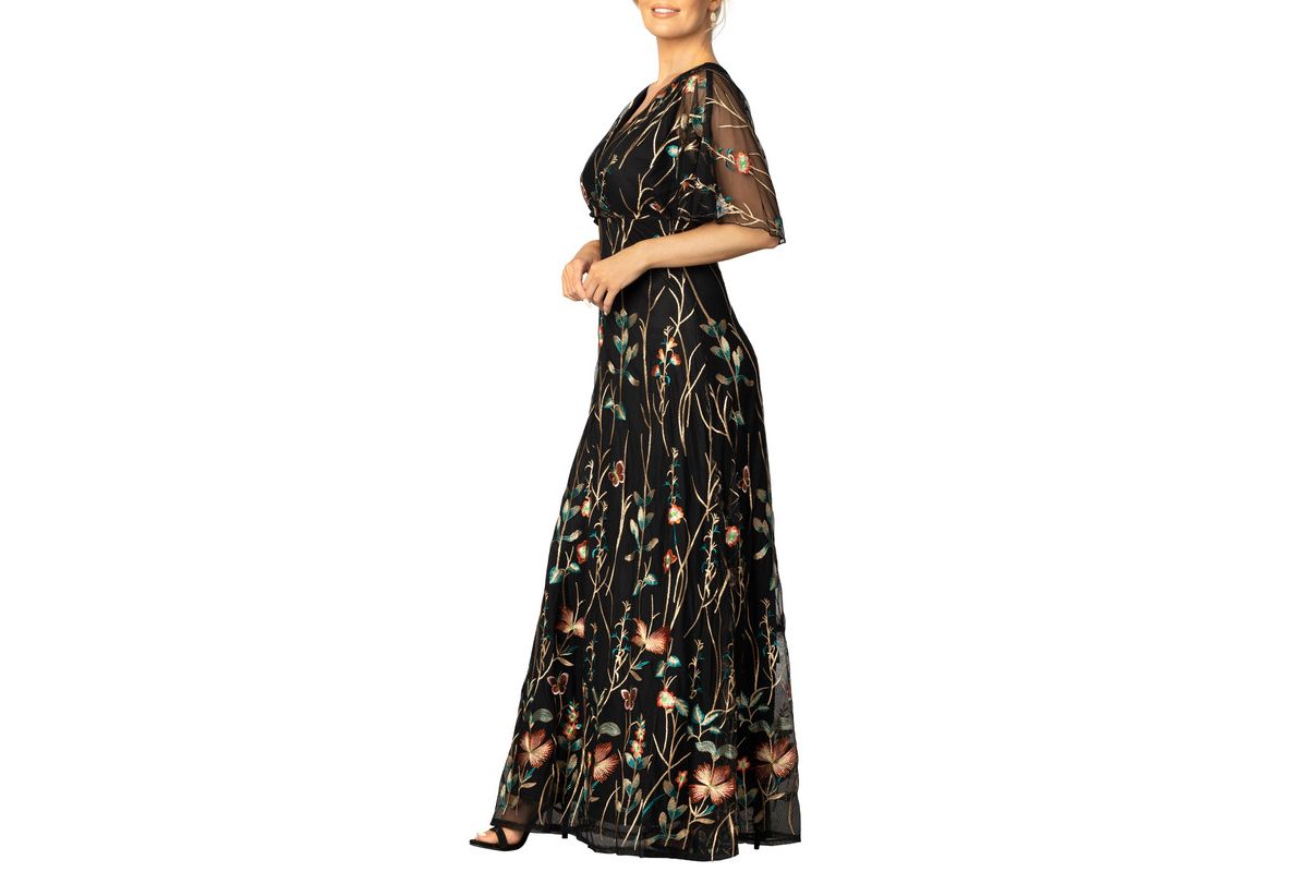 Womens Embroidered Elegance Evening Gown with Sleeves