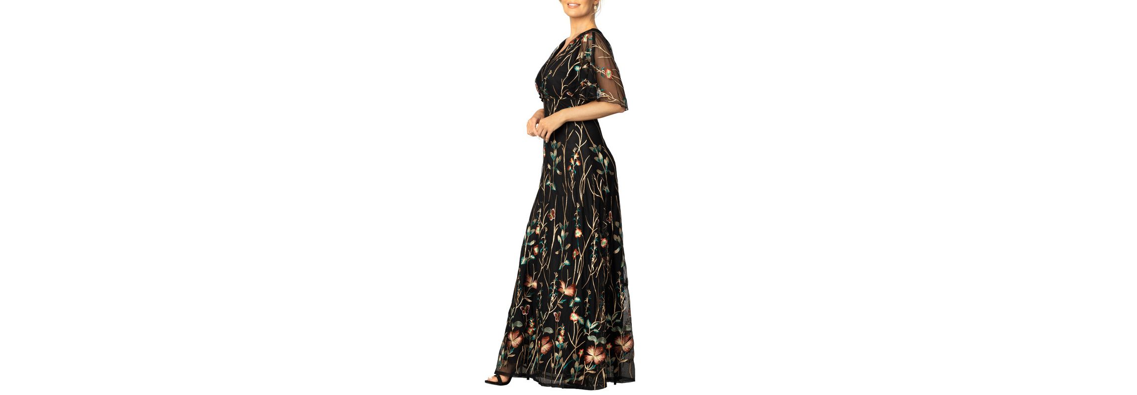 Womens Embroidered Elegance Evening Gown with Sleeves