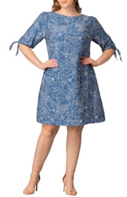 KIYONNA Women's Plus Size Manhattan Shift Dress wih Tie Sleeves, Blue, 2X