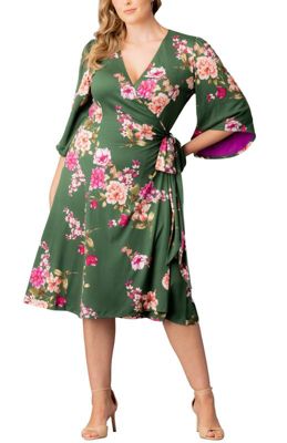 KIYONNA Women's Plus Size Gemini Wrap Dress with Contrast Lined Sleeves, Green, 5X