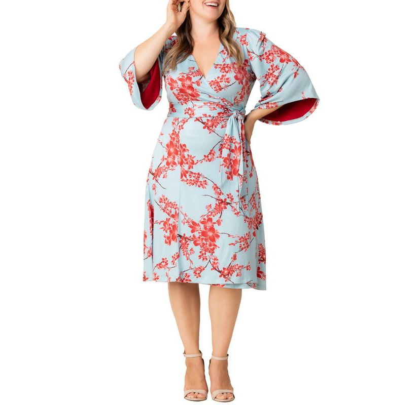 Womens Plus Size Gemini Wrap Dress with Contrast Lined Sleeves