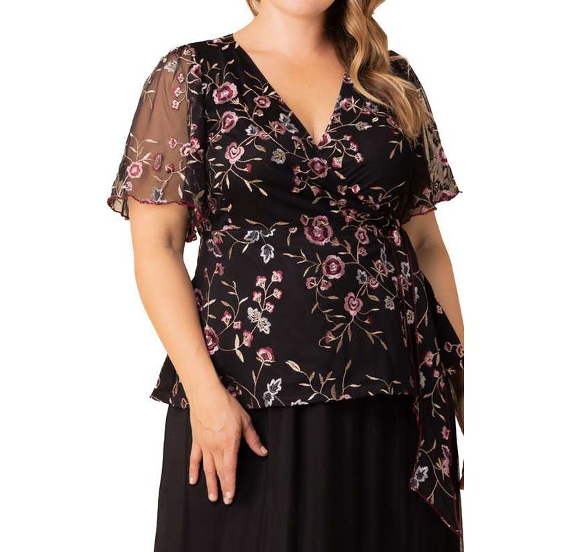 Womens Plus Size Rosalie Embroidered Wrap Top