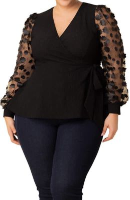 KIYONNA Women's Plus Size Scattered Petals Long Sleeve Wrap Top, 1X