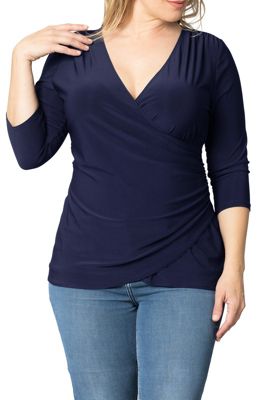KIYONNA Women's Plus Size Femme Fatale Faux Wrap Top, Navy Blue, 5X