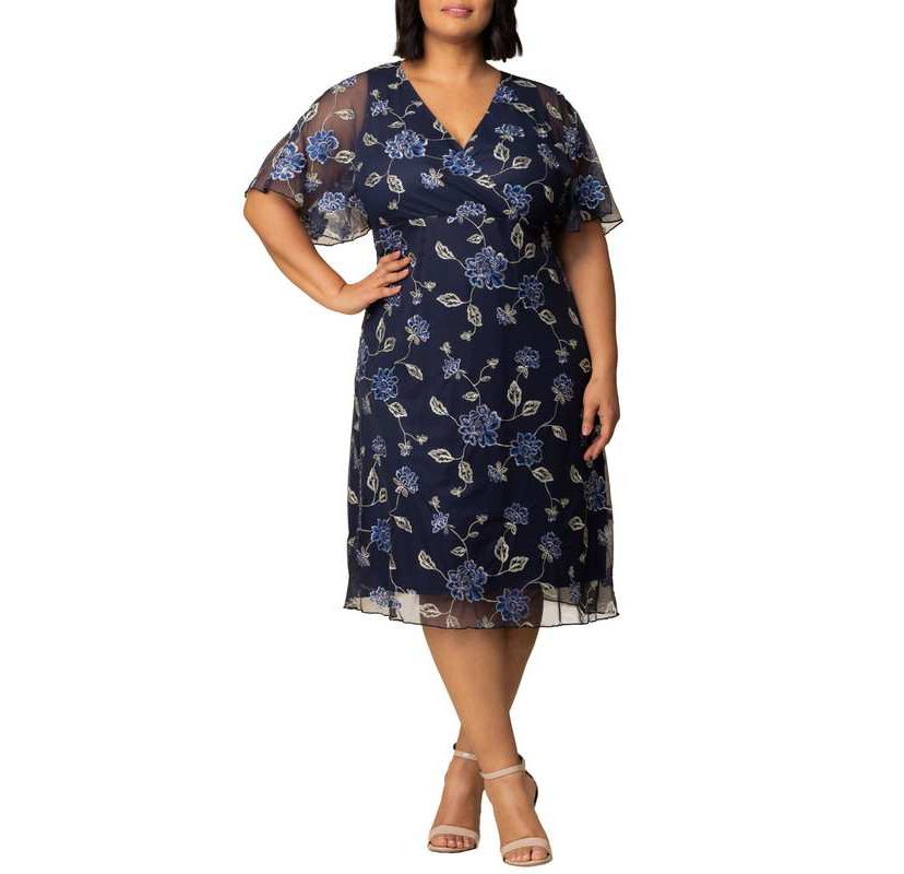 Womens Plus Size Sonnet Embroidered Mesh Midi Cocktail Dress