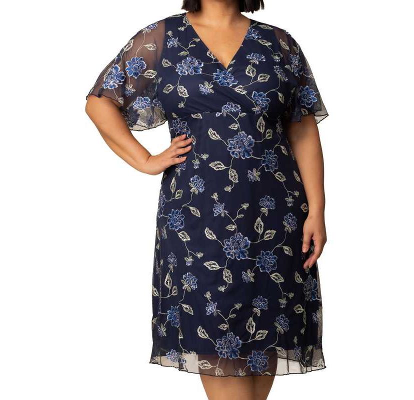 Womens Plus Size Sonnet Embroidered Mesh Midi Cocktail Dress
