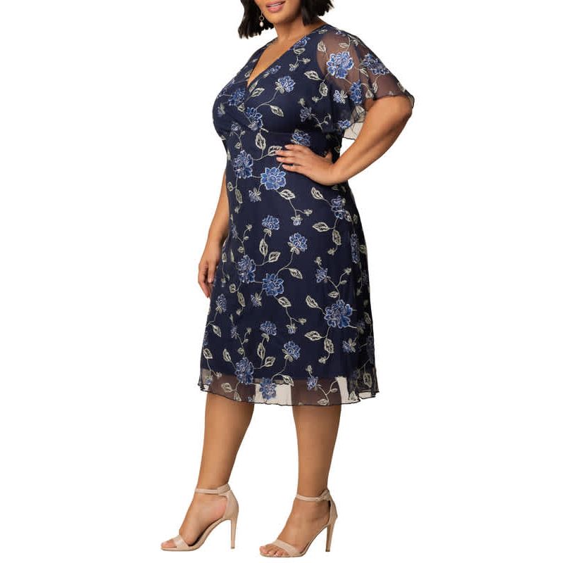 Womens Plus Size Sonnet Embroidered Mesh Midi Cocktail Dress
