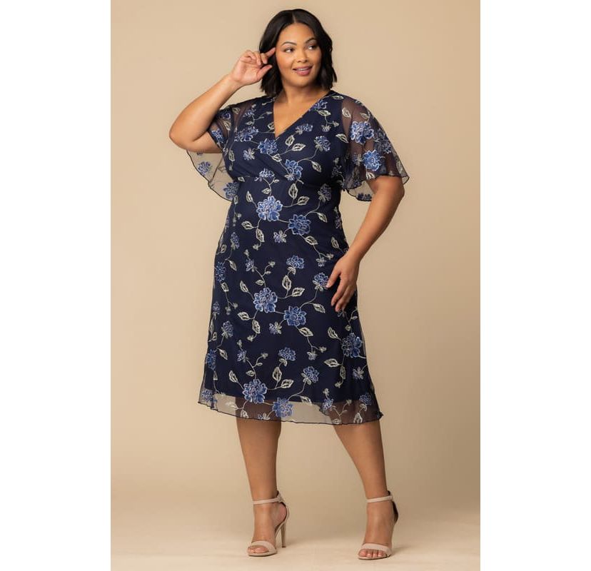 Womens Plus Size Sonnet Embroidered Mesh Midi Cocktail Dress