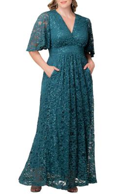 KIYONNA Women's Plus Size Luminous Sequin Lace Evening Gown with Pockets