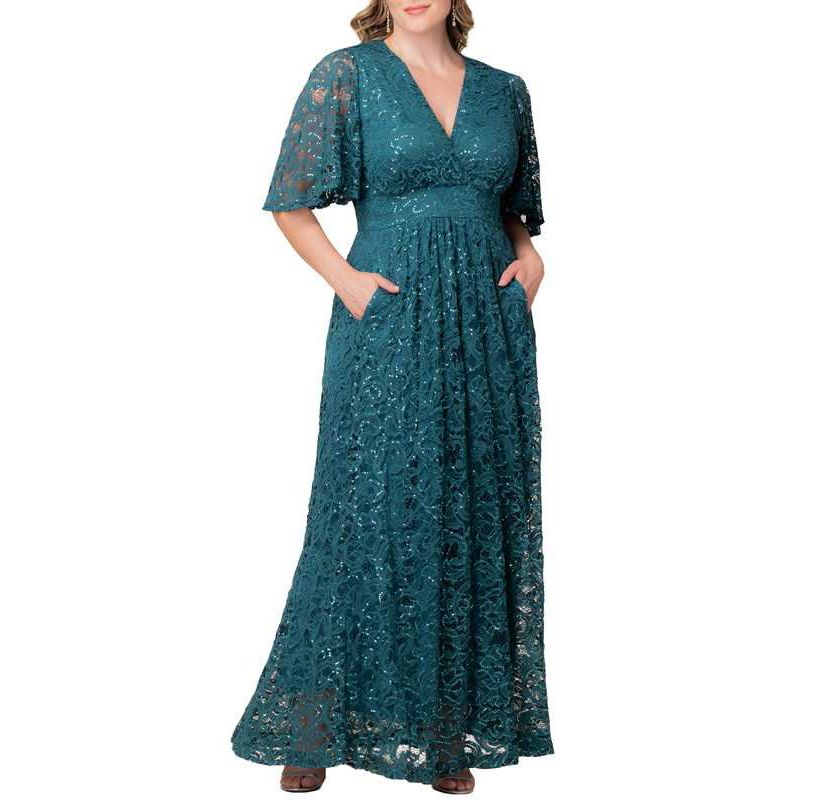 Womens Plus Size Luminous Sequin Lace Evening Gown with Pockets