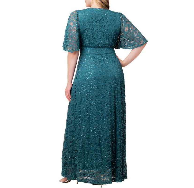Womens Plus Size Luminous Sequin Lace Evening Gown with Pockets