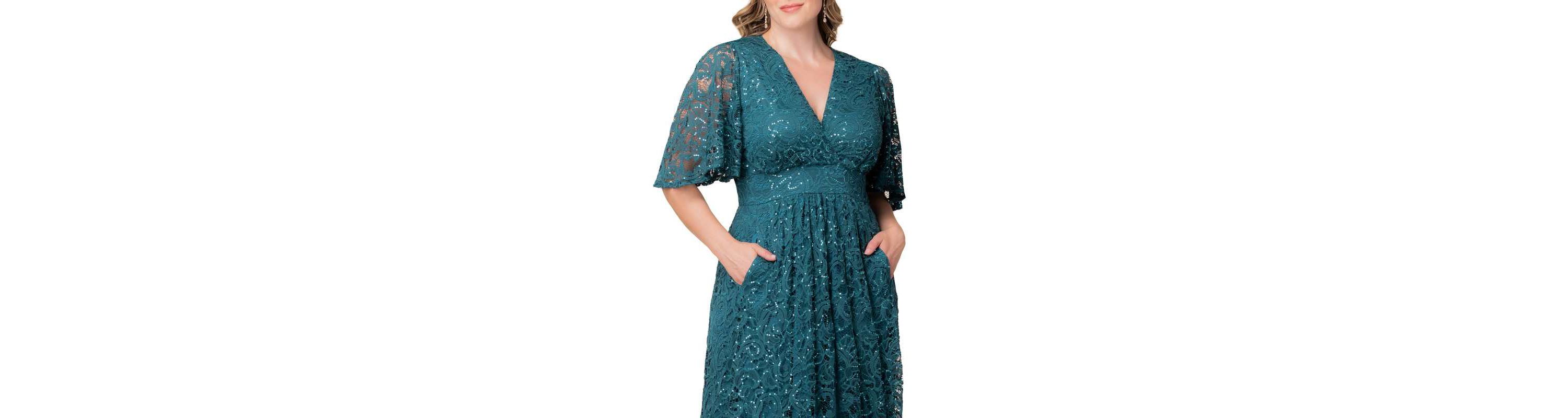 Womens Plus Size Luminous Sequin Lace Evening Gown with Pockets