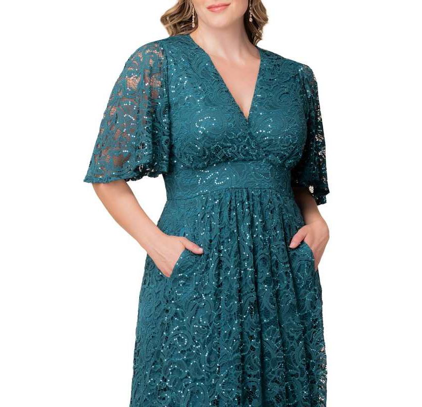 Womens Plus Size Luminous Sequin Lace Evening Gown with Pockets