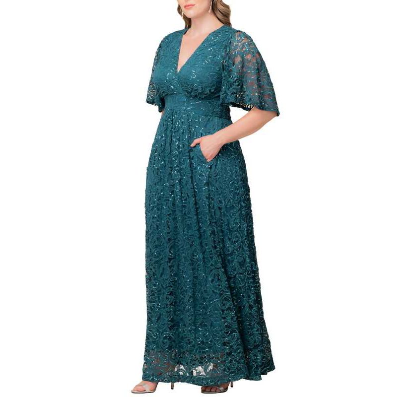 Womens Plus Size Luminous Sequin Lace Evening Gown with Pockets