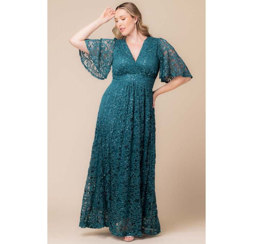 Womens Plus Size Luminous Sequin Lace Evening Gown with Pockets