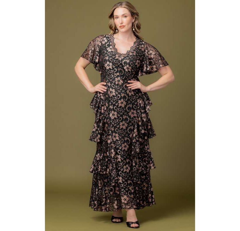 Kiyonna Plus Size Mon Ange Tiered Lace Evening Gown - Rose Gold - 2X