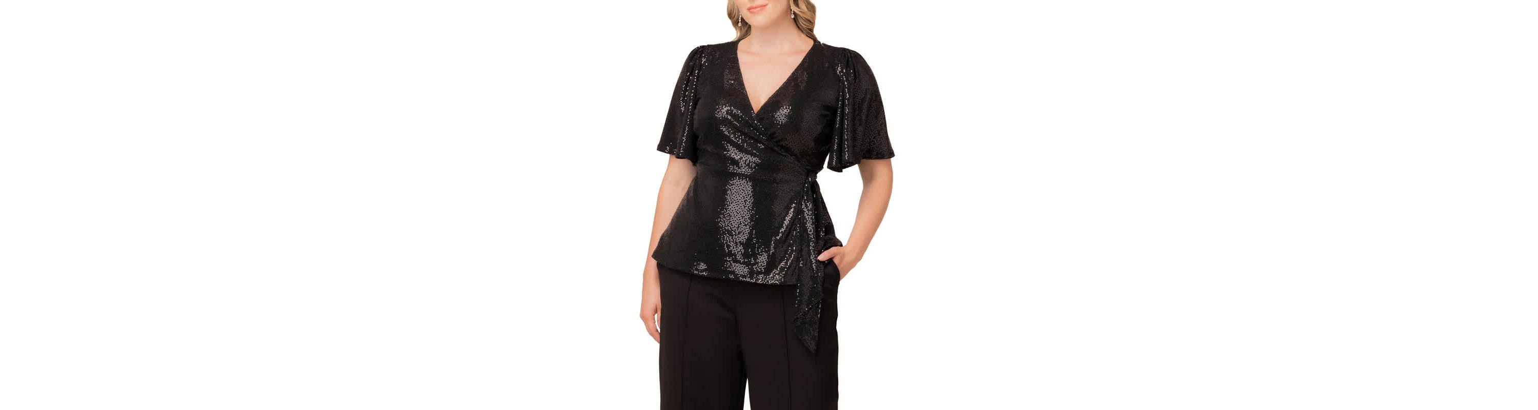 Womens Plus Size Shimmering Sequin Wrap Top