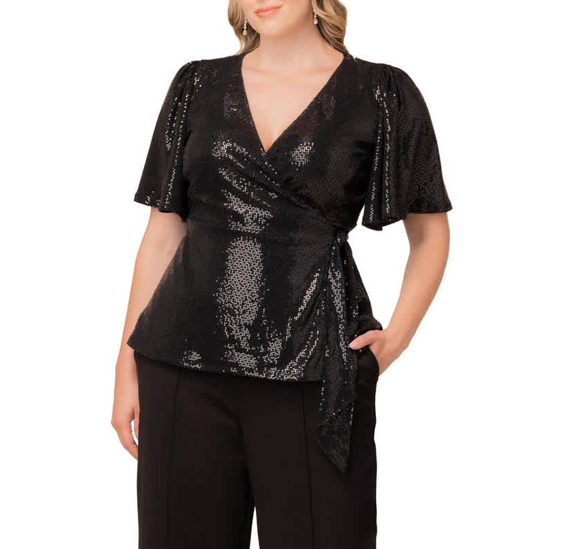 Womens Plus Size Shimmering Sequin Wrap Top