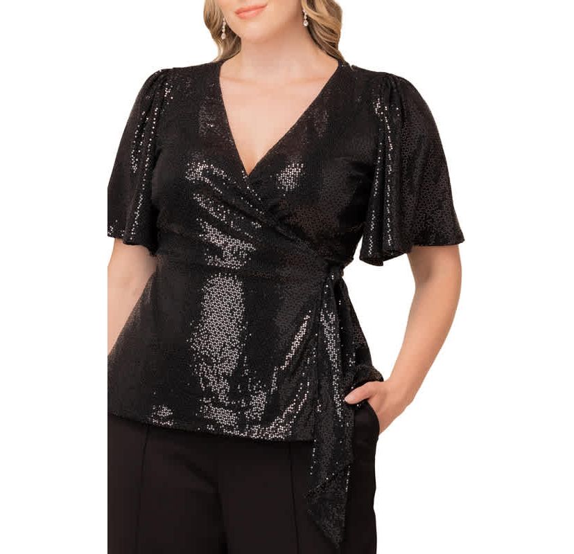 Womens Plus Size Shimmering Sequin Wrap Top