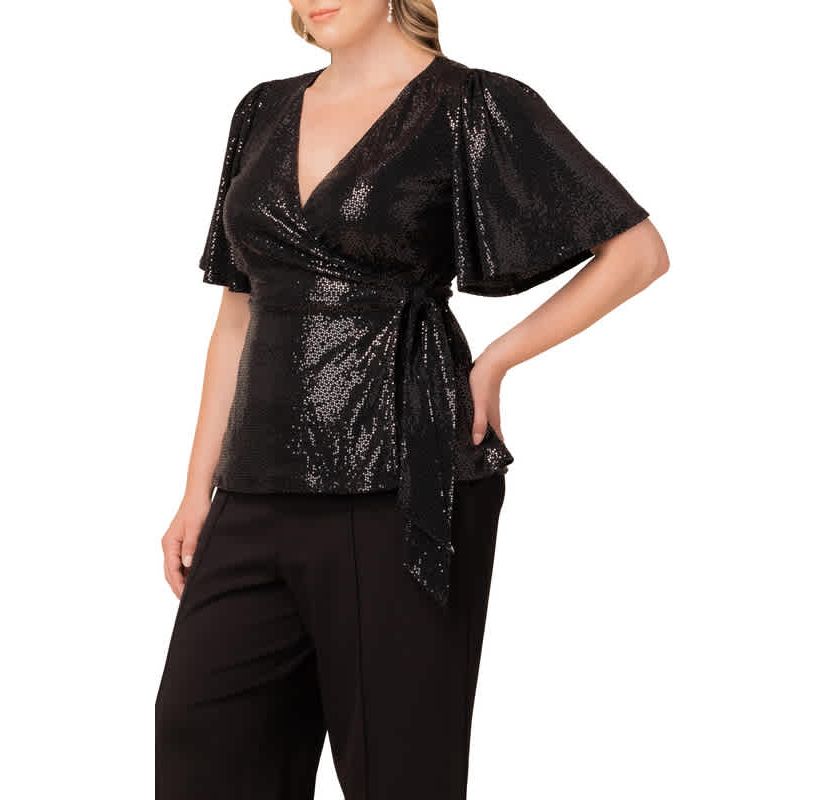 Womens Plus Size Shimmering Sequin Wrap Top