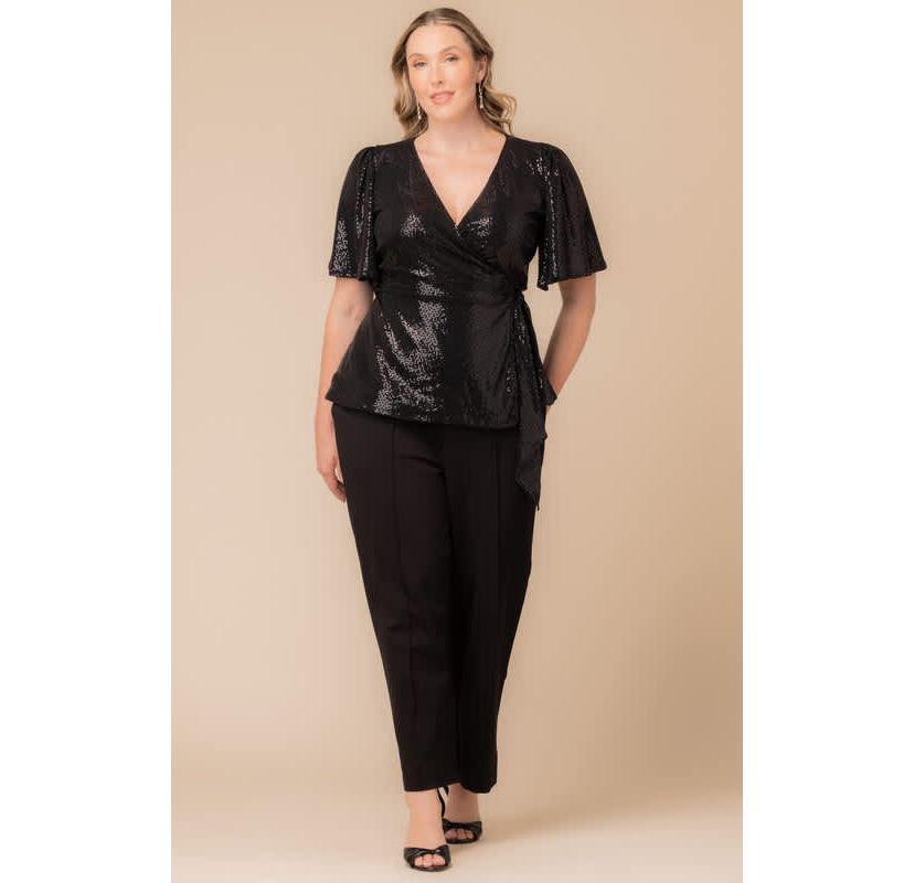 Womens Plus Size Shimmering Sequin Wrap Top