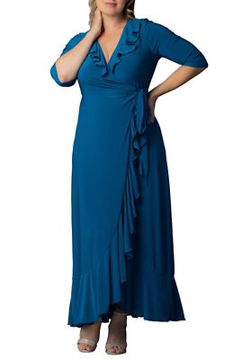 KIYONNA Women's Plus Size Maritime Ruffle Maxi Dress with Sleeves, Blue, 5X