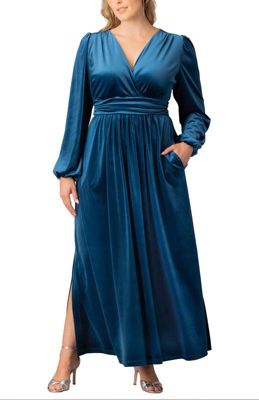KIYONNA Women's Plus Size Vivienne Velvet Evening Gown with Pockets, Teal, 5X