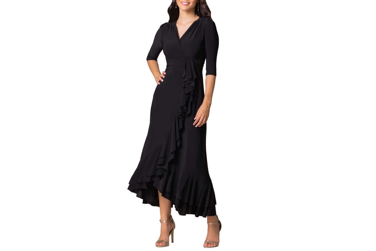 Womens Veronica Ruffle Faux Wrap Evening Gown