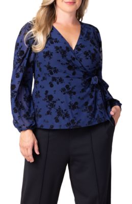 KIYONNA Women's Plus Size Alissa Long Sleeve Wrap Top, Navy Blue, 5X